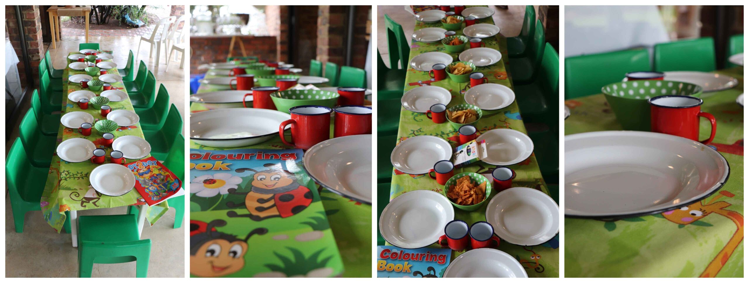 Table Decorations, plates and cups, with a colouring in book for kids.