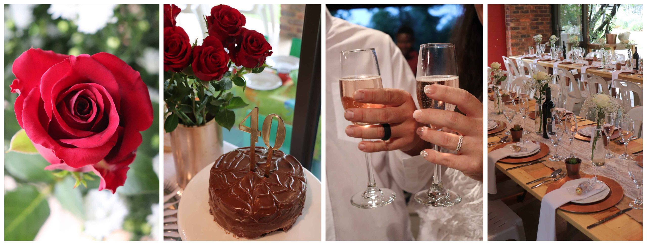 flowers, champagne and table decorations for a wedding event.
