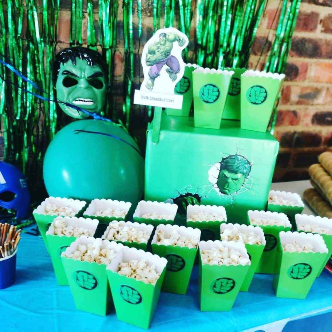 Green Hulk themed party boxes filled with Popcorn at The Barn on Boundary Party Venue Johannesburg