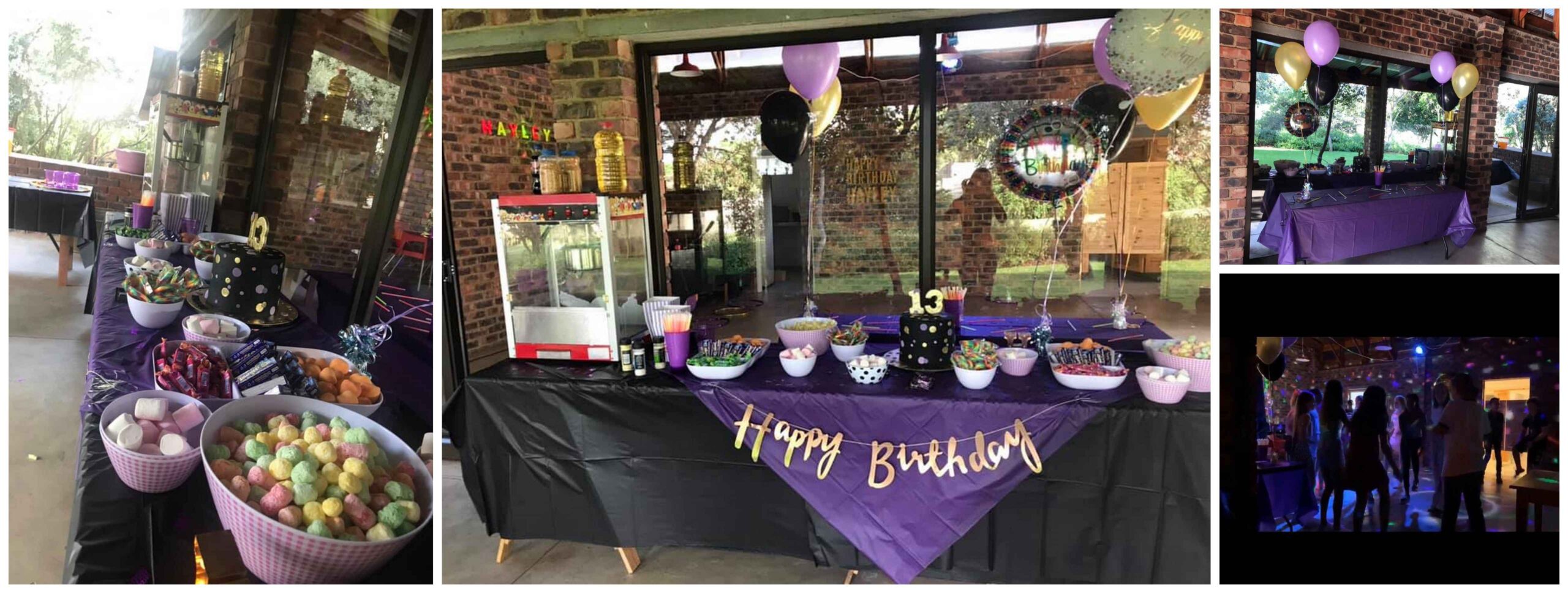 Purple birthday party decorations for a kids party.