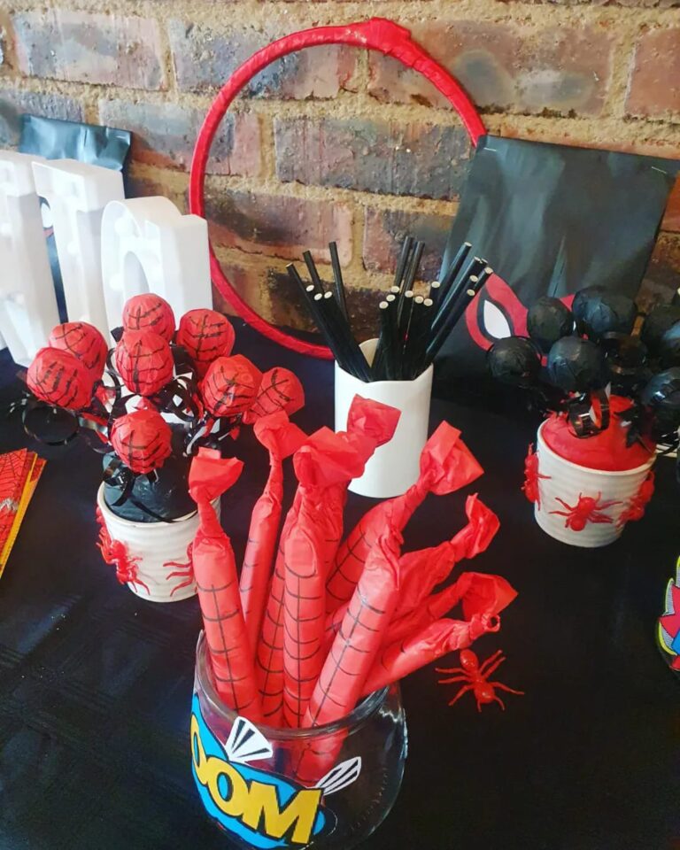 Spider-Man themed party decorations displayed on a table at the Barn on Boundary Party Venue in Johannesburg, Northriding.